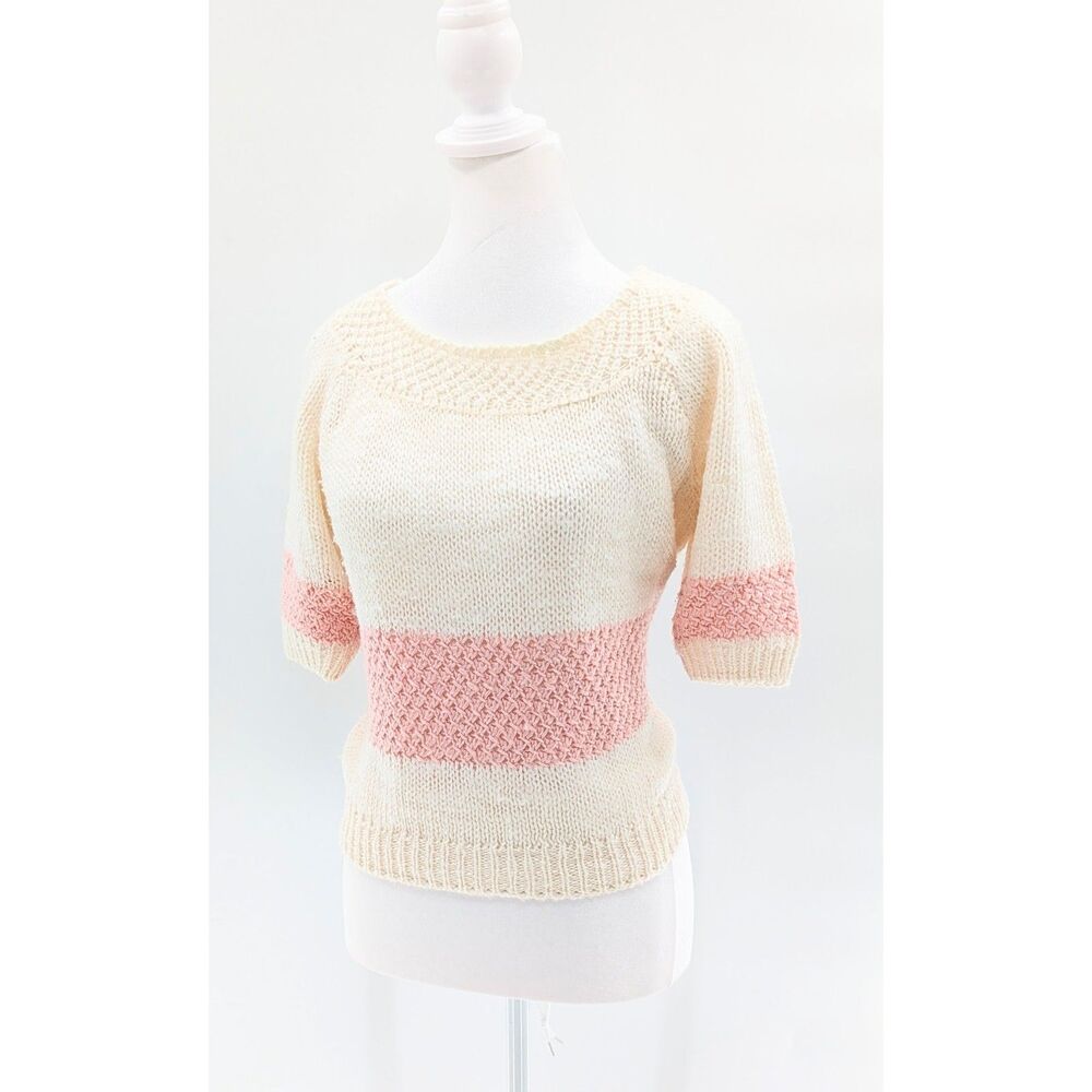 Vintage JH Collectibles Cream and Pink Scoop Neck Sweater Size Medium